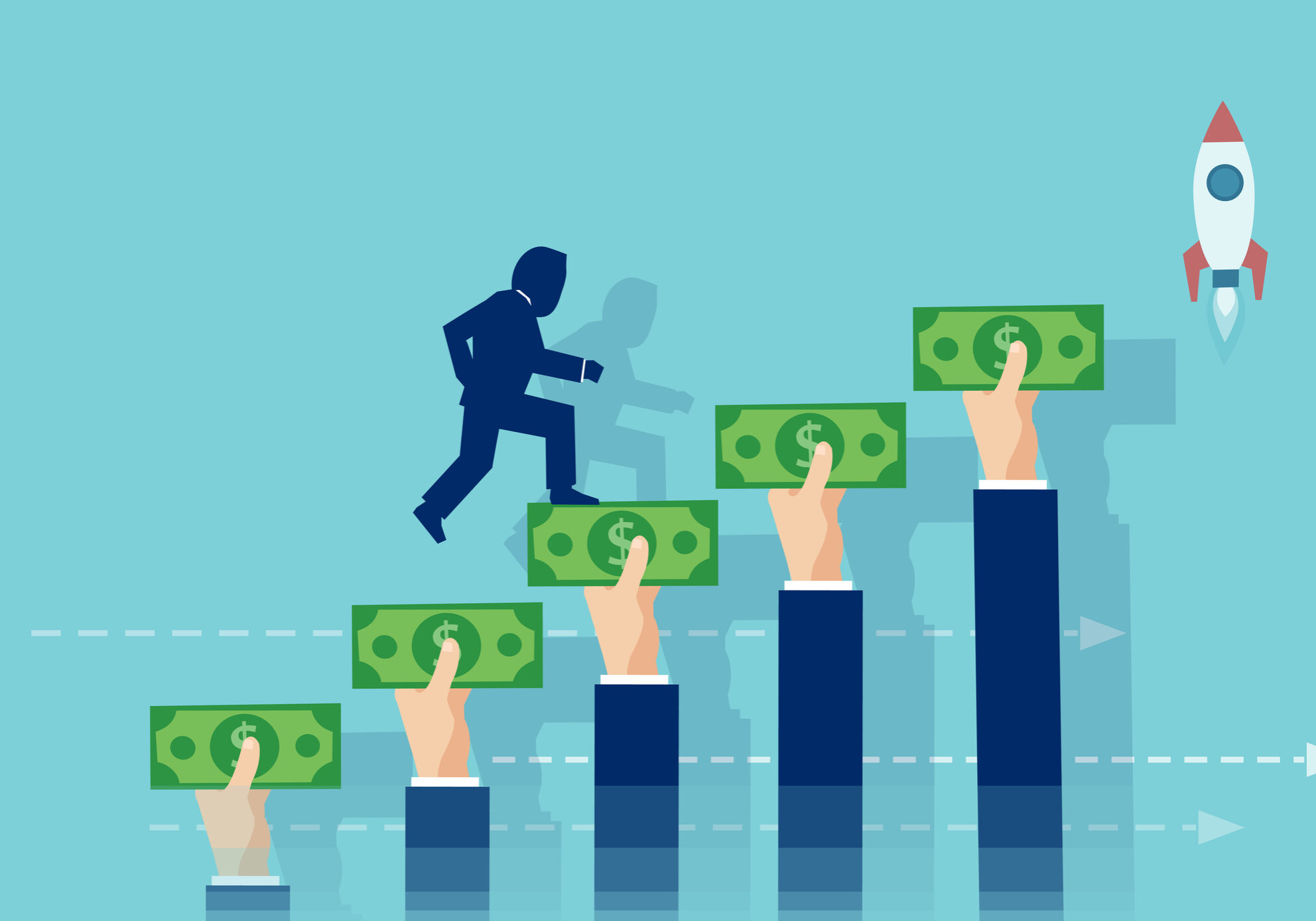 Venture capital and startup concept. Vector of a businessman climbing up the stairs made of hands holding money.